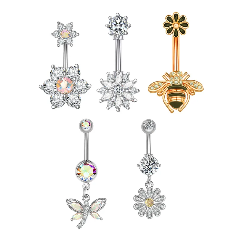 Wholesale Fashion Flower Bee Stainless Steel Plating Artificial Gemstones Belly Ring