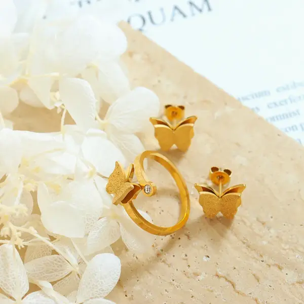 Wholesale PVD Coated Real Gold Plated 18K Gold Butterfly 304 Stainless Steel Elegant Waterproof Non Tarnish Rings Earrings Necklace