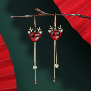 Silver ear hook: Red Jade + elk tassel earrings