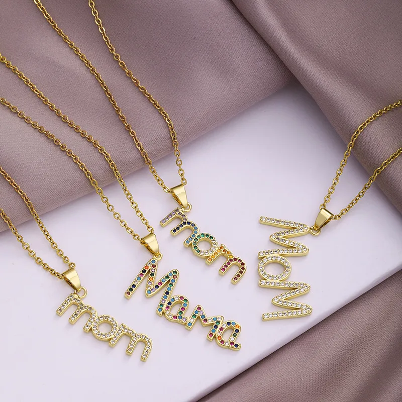 Wholesale 304 Stainless Steel Copper MAMA Simple Style Plating Inlay Letter Zircon Pendant Necklace