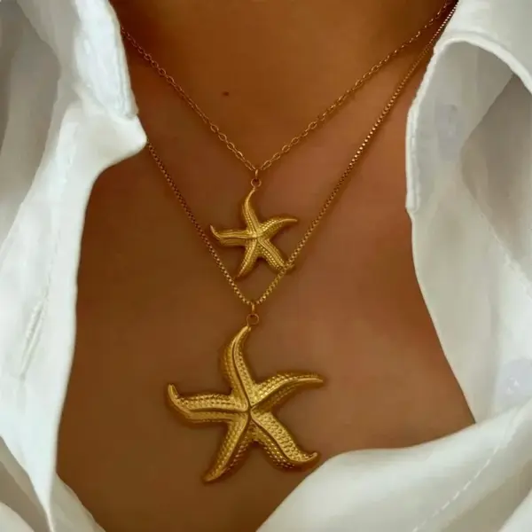 Wholesale 304 Stainless Steel Starfish Shell PVD Coated Imitation Pearl Real Gold Plated Beach Waterproof Non Tarnish Surgical Steel Bamboo Joint Steering Wheel Buckle Gold Pendant Necklace