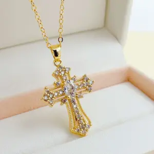246-8 Color Zirconium Cross Necklace-Gold / White