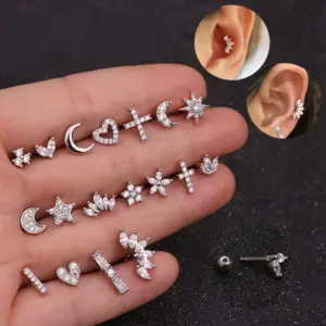 1 Piece 316L Stainless Steel Copper Zircon Ear Cartilage Rings & Studs Star Heart Shape Waterproof Non Tarnish Surgical Steel