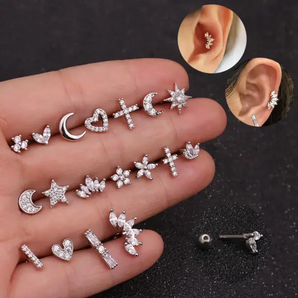 1 Piece 316L Stainless Steel Copper Zircon Ear Cartilage Rings & Studs Star Heart Shape Waterproof Non Tarnish Surgical Steel