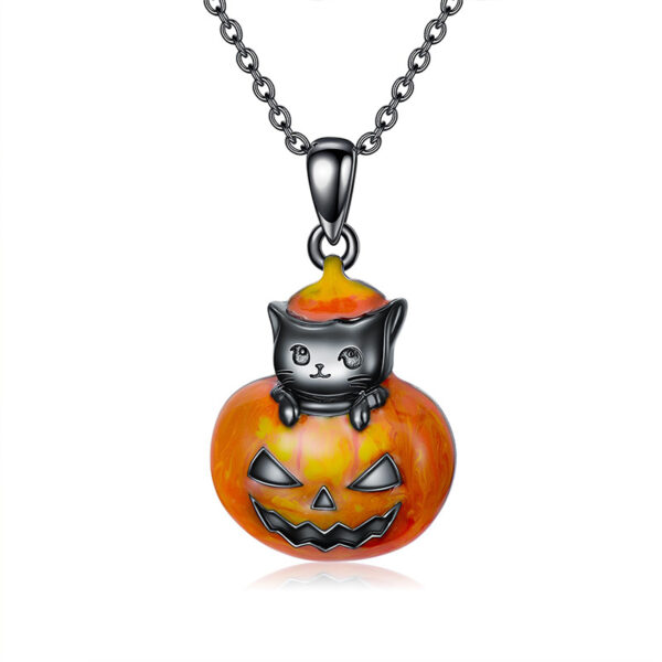 Wholesale European and American Halloween Pumpkin Cat Funny Pendant Gothic Bat Oil Pink Cat Clavicle Chain Dress Up Necklace