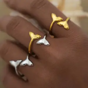 Ion Plating (IP) Real Gold Plated 18K Gold Fish Tail 304 Stainless Steel IG Style Vacation Beach Waterproof Non Tarnish Rings
