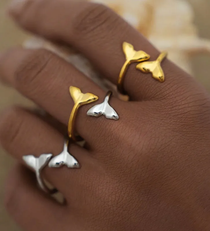 Wholesale Ion Plating (IP) Real Gold Plated 18K Gold Fish Tail 304 Stainless Steel IG Style Vacation Beach Waterproof Non Tarnish Rings