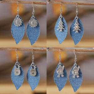 Wholesale New cross-border Western-style Christmas tree, Santa Claus, reindeer, sunflower, metal denim leather pendant earrings