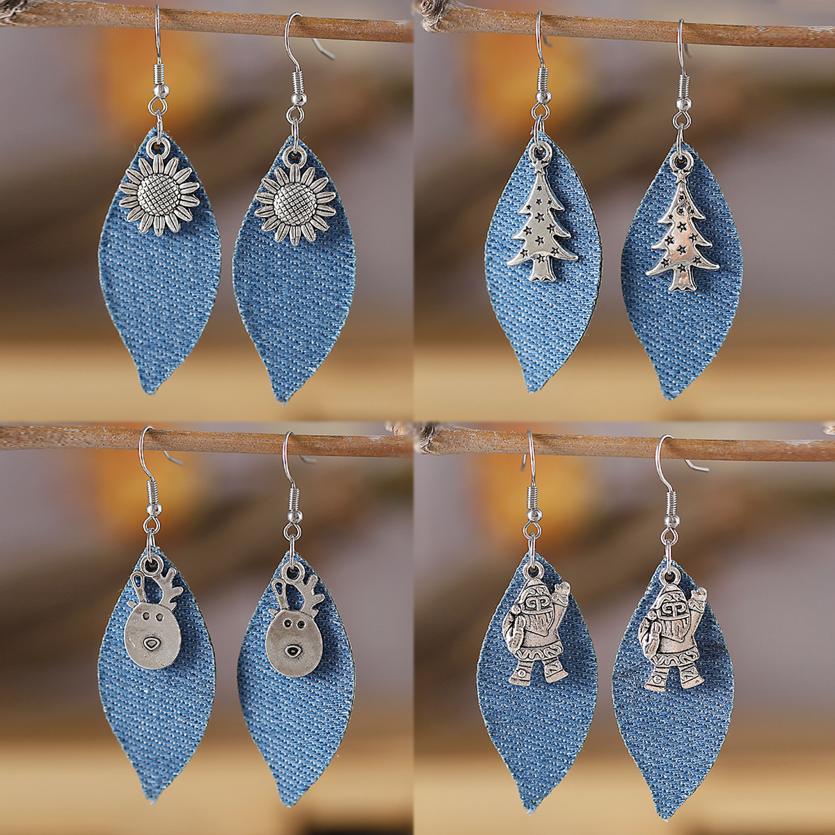 Wholesale New cross-border Western-style Christmas tree, , reindeer, suower, metal denim leather pendant earrings