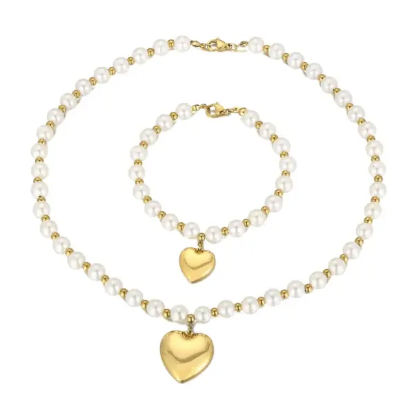 Wholesale Fashion Heart Shape Titanium Steel Beaded Pearl Plating Bracelets Necklace
