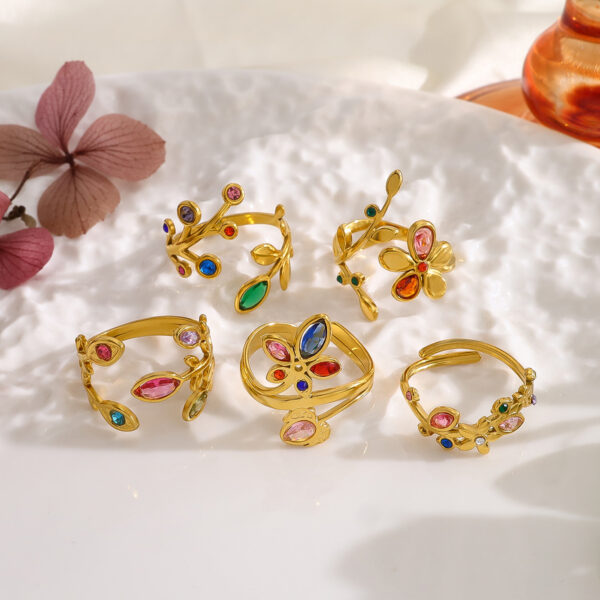 Wholesale rainbow zircon leaf ring women's 18K gold titanium steel open ring