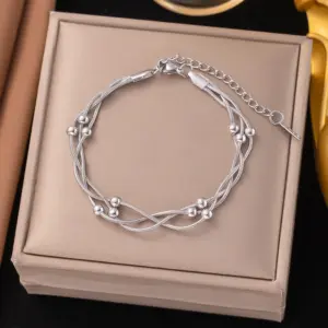 28【E2068】Three-layer Round Snake Clip Bead Bracelet / Steel Color