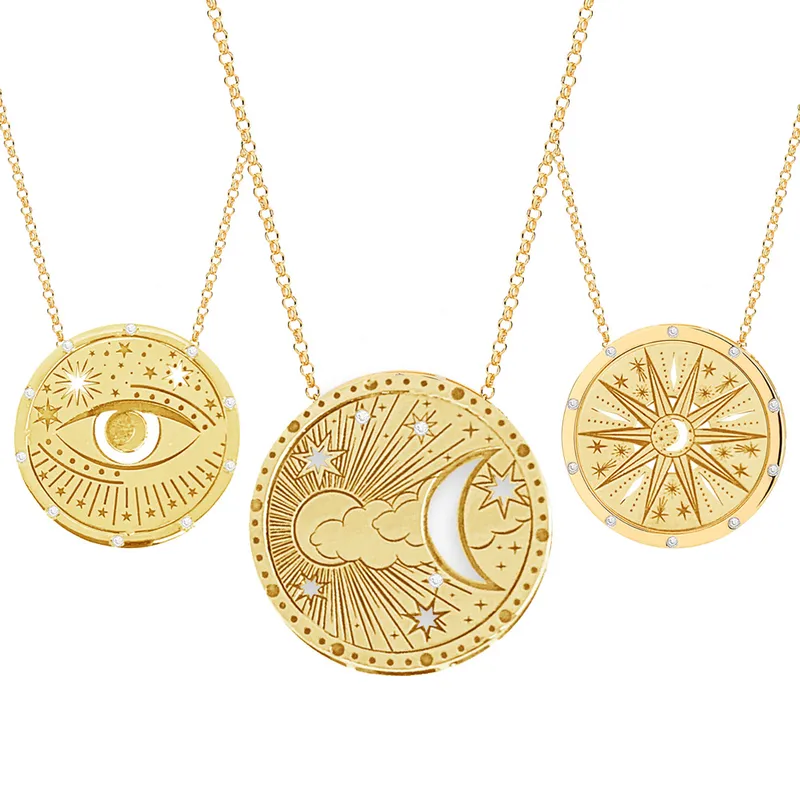 Wholesale 201 Stainless Steel 304 Stainless Steel Gold Plated Retro Simple Style Plating Hollow Out Sun Moon Pendant Necklace