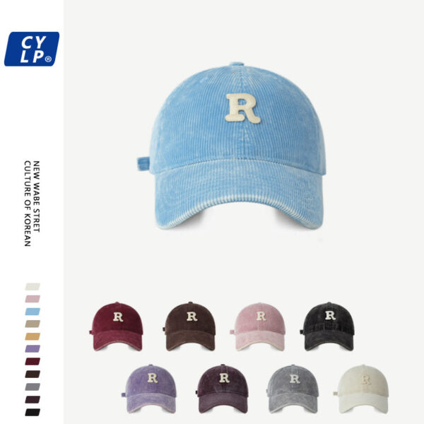 Wholesale Original Fashion Brand R Letter Baseball Cap Men's and Women's Ins Korean Style Washed Old Corduroy Cap Shown Face Small