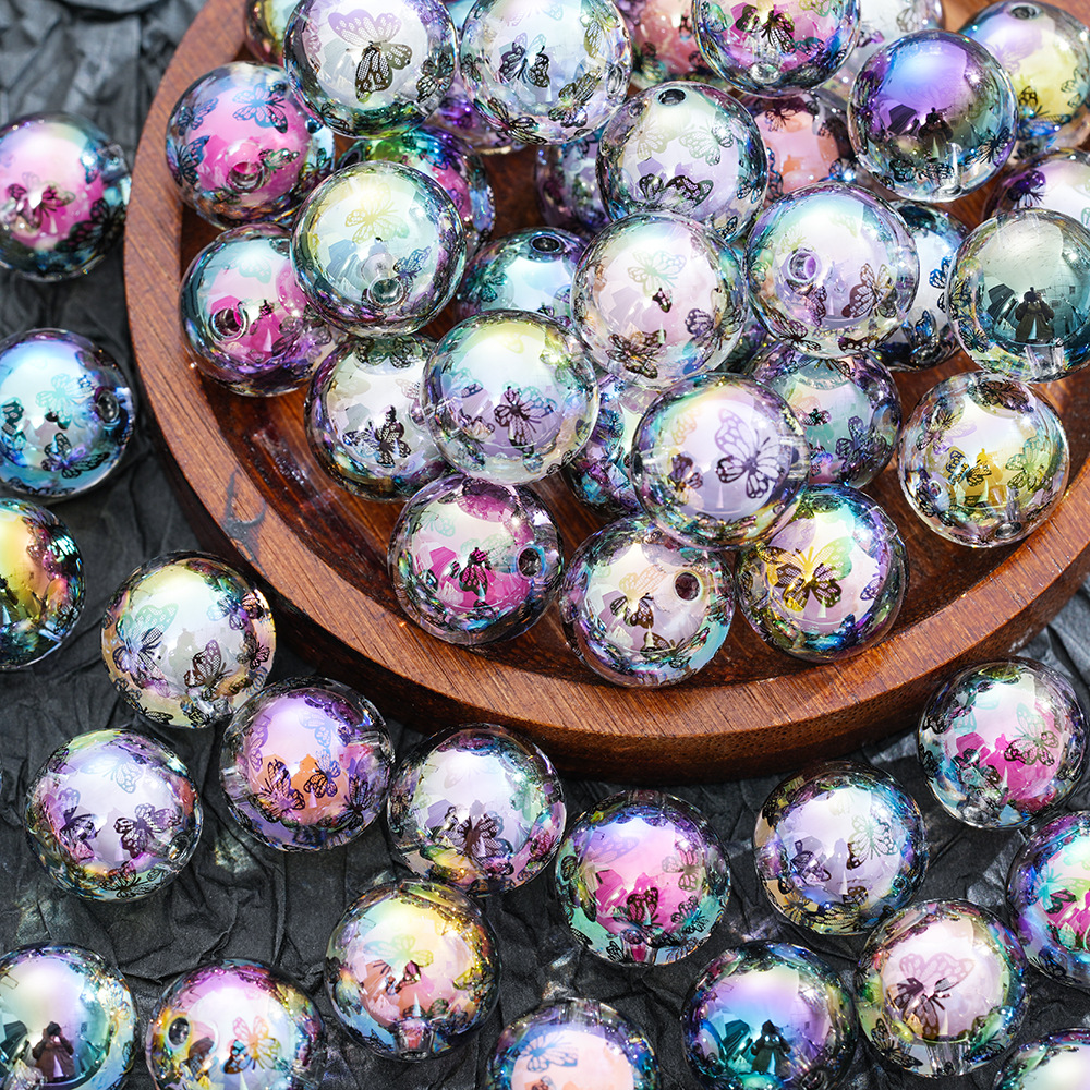 Wholesale Acrylic Bead-In-Bead Butterfly Print Round Beads