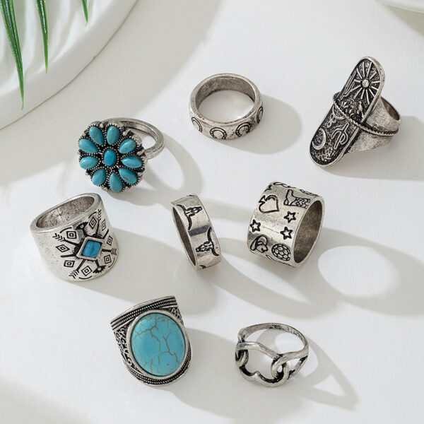 oly-5ae2c83e4031f1b3f453f97a0efcfaed Wholesale Retro Exaggerated Western Style Old Ancient Silver Turquoise Geometric Ring suit European and American Personality Punk Style Ring
