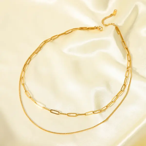 Wholesale 201 Stainless Steel Solid Color PVD Coated Real Gold Plated 18K Gold Modern Style Simple Style Streetwear Waterproof Non Tarnish Cable Chain Lobster Trigger Clasp Closure Gold Silver Double Layer Necklaces