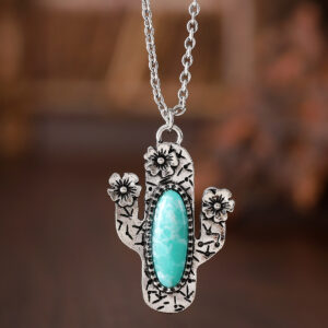 Wholesale Vintage inlaid turquoise cactus pendant necklace