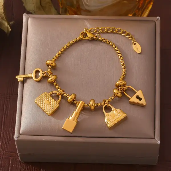Wholesale 304 Stainless Steel Key Lock PVD Coated 18K Real Gold Plated Real Gold Plated Casual Luxurious Modern Style Waterproof Non Tarnish Bracelets