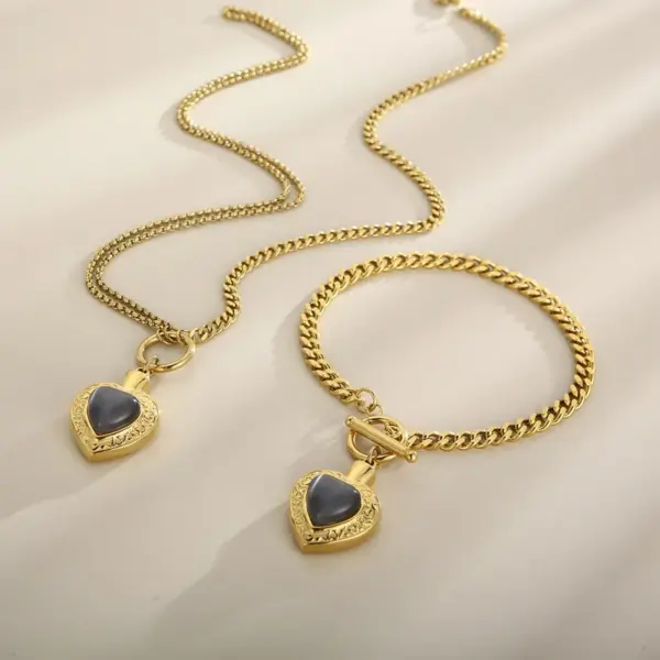 Wholesale Fashion Heart Shape Stainless Steel Inlay Opal Bracelets Necklace