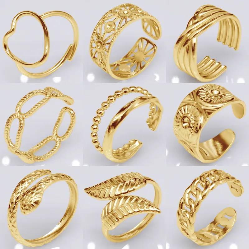 Wholesale Retro Leaf Heart Shape Snake Titanium Steel lishing Plating Hollow Out Open Ring 1 Piece