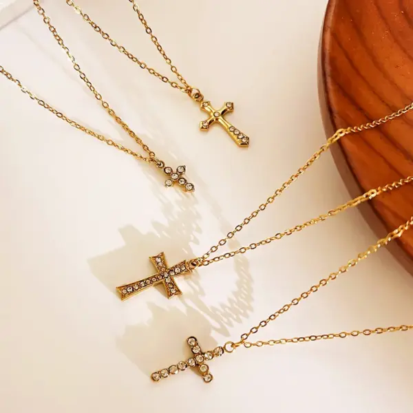 Wholesale 304 Stainless Steel Cross PVD Coated Rhinestones Real Gold Plated IG Style Japanese Style Commute Waterproof Non Tarnish Surgical Steel Cable Chain Lobster Trigger Clasp Closure Gold Pendant Necklace