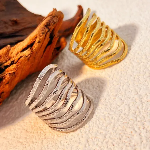 Wholesale PVD Coated Real Gold Plated 18K Gold Stripe 304 Stainless Steel Casual Retro Waterproof Non Tarnish Open Rings