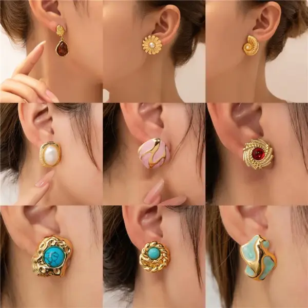 Wholesale Style Women's 316 Stainless Steel Bowknot Flower Colorful Geometric Spiral Pearl Inlaid 18K Gold Plated Vacuum Electroplating Furnace Baking Series Earrings
