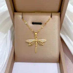 Wholesale PVD Coated Real Gold Plated Dragonfly Titanium Steel Classic Style Waterproof Non Tarnish Titanium Steel Pendant Necklace