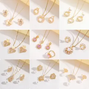 Wholesale Fashionable Gemstone Jewelry Set For Women Three Piece Ti Steel Floral Pattern Necklace Earrings Rings Style