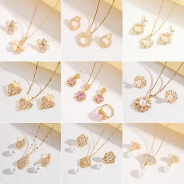 Wholesale Fashionable Gemstone Jewelry Set For Women Three Piece Ti Steel Floral Pattern Necklace Earrings Rings Style
