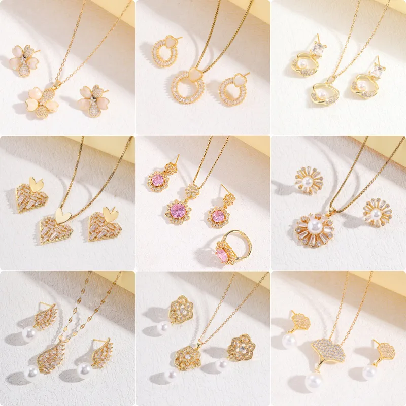 Wholesale Fashionable Gemstone Jewelry Set For Women Three Piece Ti Steel Floral Pattern Necklace Earrings Rings Style