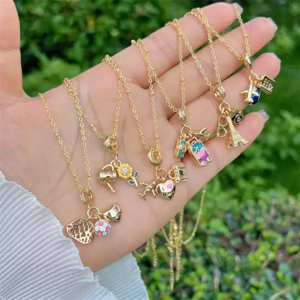 Copper 18K Gold Plated Inlay Sunflower Heart Shape Airplane Zircon Pendant Necklace