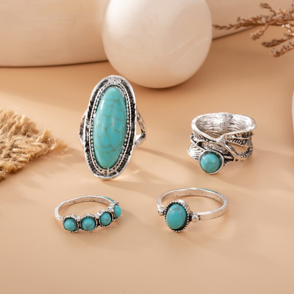 Wholesale Foreign trade new combination ring European and American retro bohemian feather large turquoise 4-piece set ring