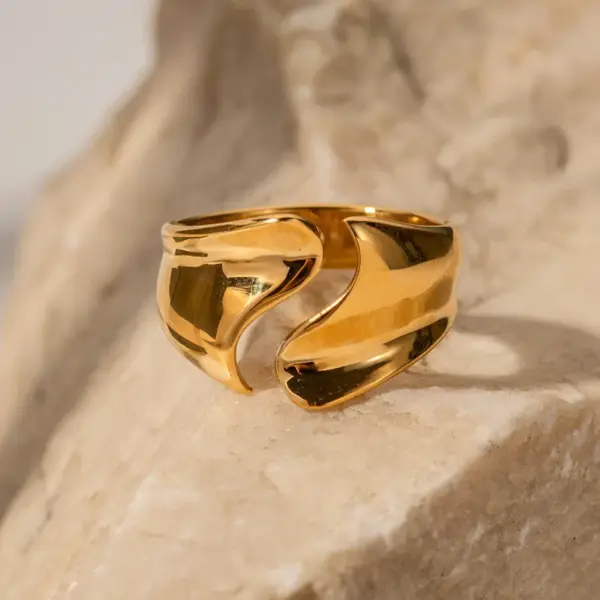 Wholesale 304 Stainless Steel Geometric Arc PVD Coated 18K Real Gold Plated IG Style Open Ring