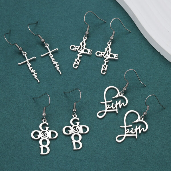 Wholesale European and American Cross-border Stainless Steel Cross Love Long Ear Hook Light Luxury Design Sense silver English Letter Earrings