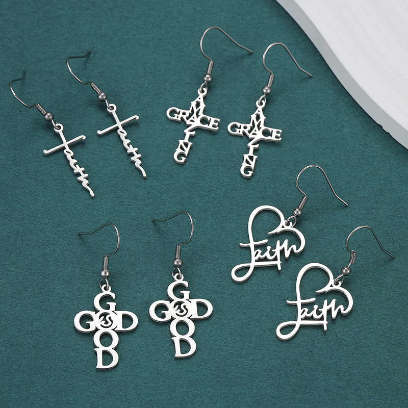 Wholesale European and American Cross-border Stainless Steel Cross Love Long Ear Hook Light Luxury Design Sense sier English Letter Earrings