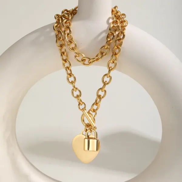 304 Stainless Steel Women's Fashion Punk Round Cross Chain Heart Lock Bracelet + Necklace Jewelry Set 18K Gold Plated