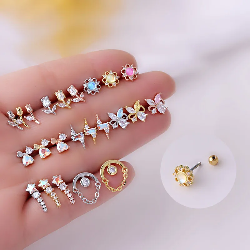 Wholesale 316L Stainless Steel Copper Ear Cartilage Rings & Studs Flower Waterproof Non Tarnish Surgical Steel Women'S