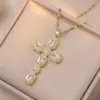 Wholesale Jewelry Shiny Cross Titanium Steel Zircon Inlay Pendant Necklace Cable Chain