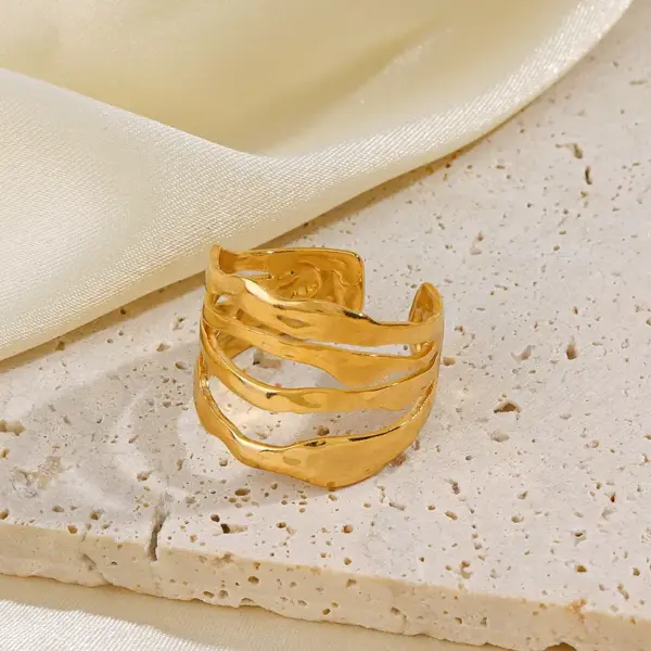 PVD Coated 18K Gold Plated Lines 304 Stainless Steel Streetwear Waterproof Non Tarnish Open Rings