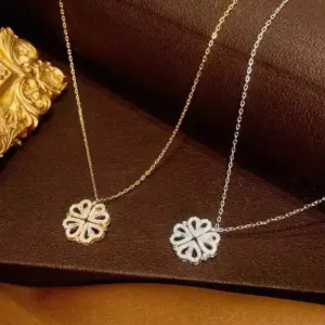 Wholesale Fashion Four Leaf Clover 304 Stainless Steel Copper Inlay 18K Gold Plated Rose Gold Plated Zircon Necklace