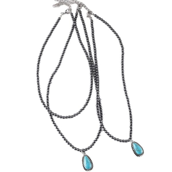 Wholesale European and American cross-border Bohemian ethnic style three-layer teardrop-shaped turquoise black bead necklace, popular jewelry
