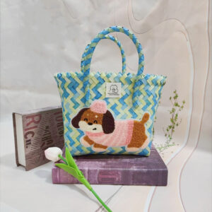 Flower green hand basket with pink hat dog