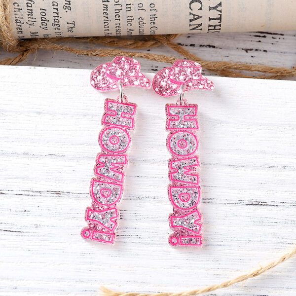 Wholesale Cross-border New Western-style Denim Hat HOWDY Pink Sequins Acrylic Pendant Earrings Distinctive Earrings