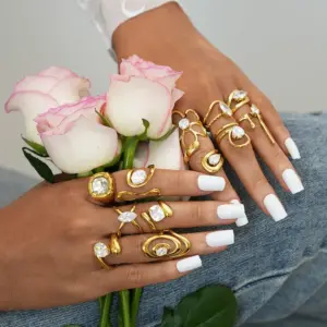 Wholesale 304 Stainless Steel 18K Gold Plated Women Stainless Steel Zircon Geometric Open Ring Women Jewelry Accessories Holiday Gifts