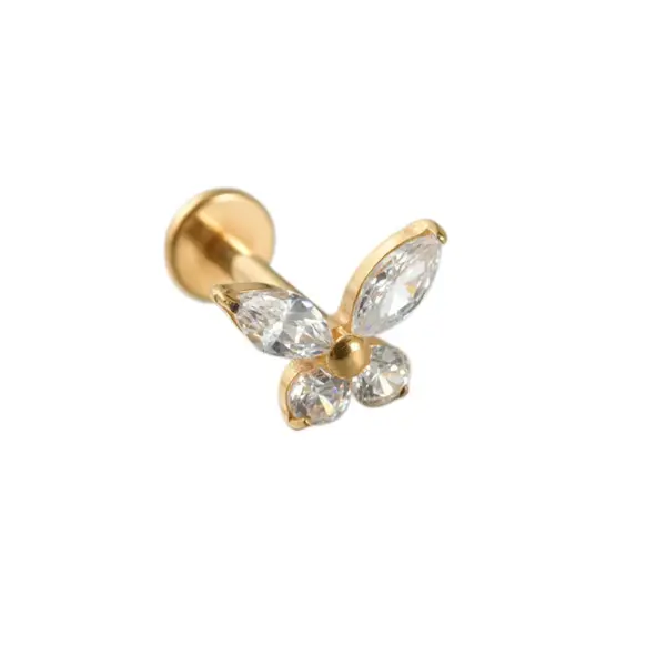 Wholesale 1 Piece Ear Cartilage Rings & Studs Hip-Hop Simple Style Commute Four Leaf Clover Flower Butterfly 304 Stainless Steel Inlay Zircon Ion Plating (IP) 18K Gold Plated Lip