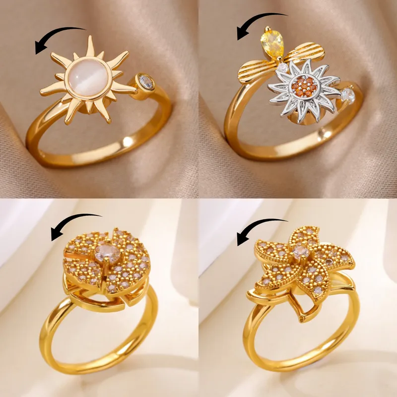 Wholesale Unique Design Rotatable Small Sunflower Ring 18K Gold Plated Stress Relief Style Birthday Festival Gift Elegant Classical Romantic Modern Sw