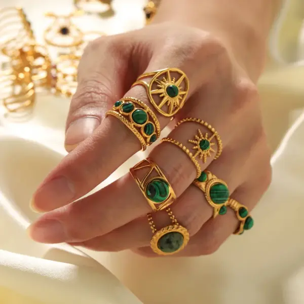 Wholesale 304 Stainless Steel C Shape Geometric Round PVD Coated Natural Stone 18K Real Gold Plated Real Gold Plated Basic Vintage Style Waterproof Non Tarnish Plating Inlay Open Rings