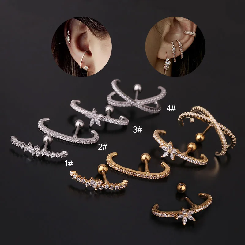 Wholesale 316L Stainless Steel Copper Zircon Ear Cartilage Rings & Studs Flower Waterproof Non Tarnish Surgical Steel Women'S